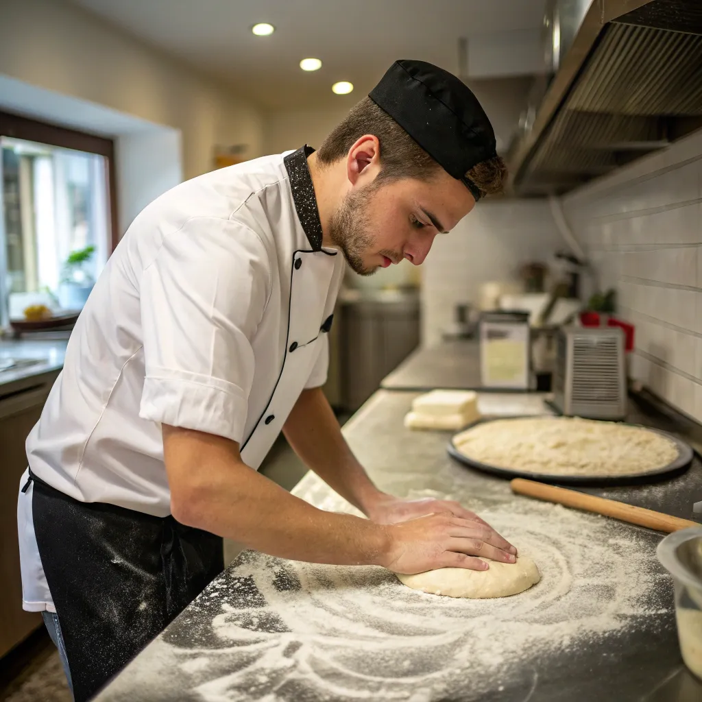 Alex preparing pizza dough