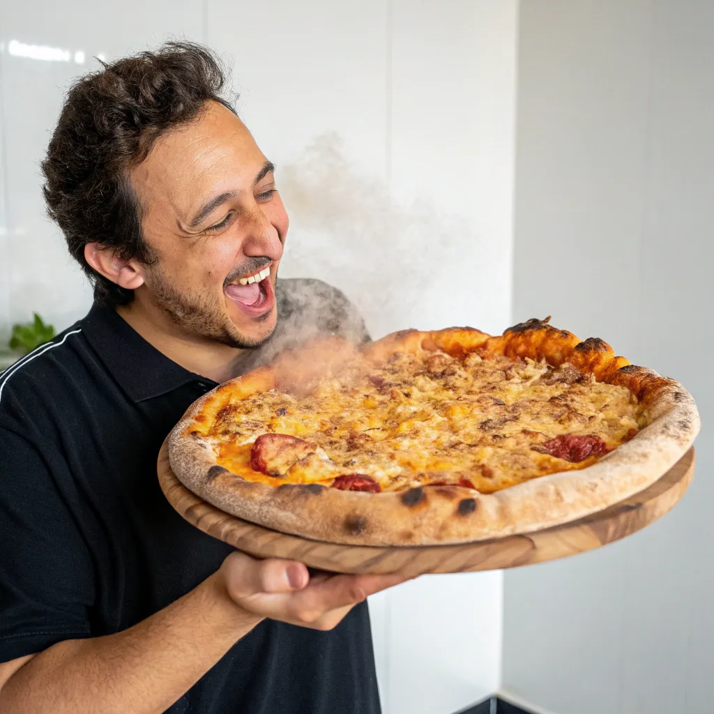 Julian holding a pizza